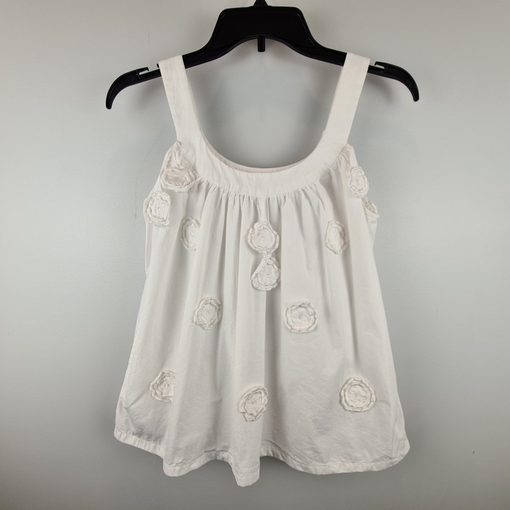Gretchen Scott White Cotton 3D Floral Applique Babydoll Tank Top M Pockets Women